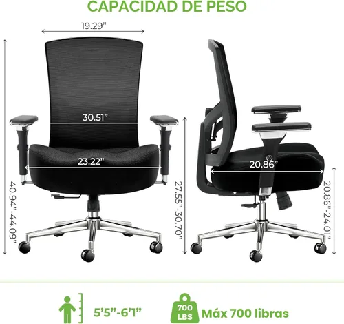 Miniatura 3 de Silla de oficina grande y alta de 700 libras con cojín de asiento ancho y grueso ergonómico W, silla de escritorio de malla de gran