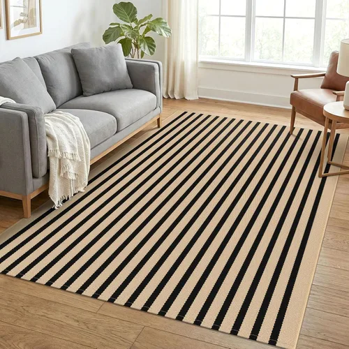 Miniatura 26 de KOZYFLY Alfombra a rayas blancas y negras de 2 x 3 pies, tejido de algodón, lavable, para interiores y exteriores, alfombra pequeña para puerta