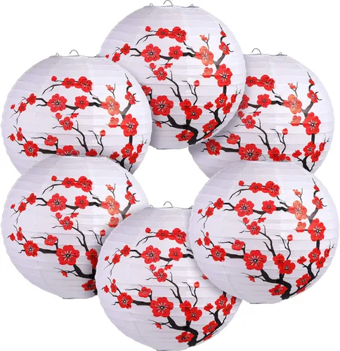 Blulu Paquete de 6 faroles de papel chinos japoneses con flor de cerezo rojo para decoración de fiesta de boda y hogar, 11.8 x 11 pulgadas