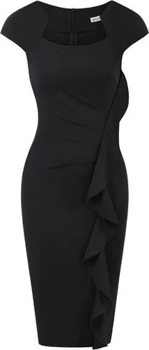 MUXXN Vestido de tubo para mujer, estilo vintage, con cuello cuadrado, manga casquillo, volantes, para trabajo, negocios, bodycon
