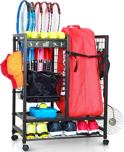 Mythinglogic Estante de almacenamiento para bolsas de tenis, raqueta de tenis y organizador de pelotas, soporte para equipo de tenis para garaje,