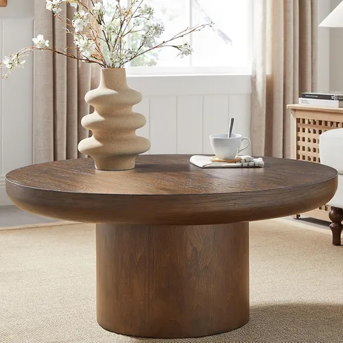 Miniatura 10 de Mesa de centro moderna de madera redonda acanalada, Ø31.5 x 13.8 pulgadas de alto, espacio pequeño, color marrón, tambor circular, centro estriado