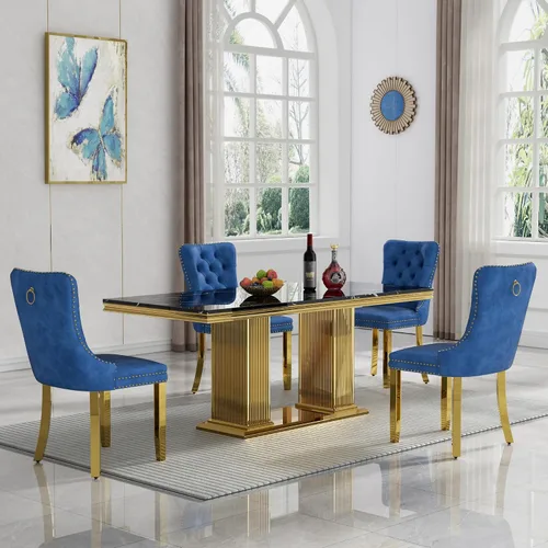 Miniatura 53 de HomVent Juego de mesa de comedor moderna de mármol sintético para 4 personas, mesa de cocina rectangular con 4 sillas beige (dorado)
