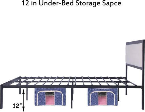 Miniatura 5 de LUCKYERMORE Base de cama de plataforma Queen de 12 pulgadas con cabecera beige, marco de cama de metal resistente con almacenamiento debajo