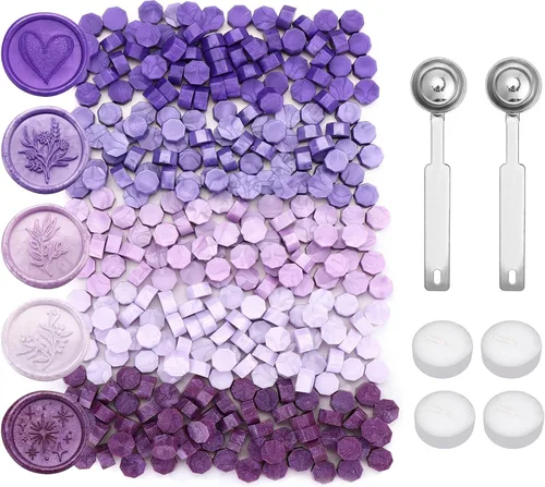 Miniatura 16 de Yoption 300 cuentas de cera octágono con 4 velas y 2 cucharas de fusión para sello de cera (dorado)
