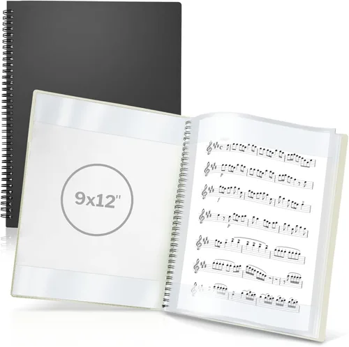 CRANBURY Carpeta de partituras de 9 x 12 pulgadas, soporte de música de doble uso (negro), almacena páginas dentro de 24 fundas protectoras o anota