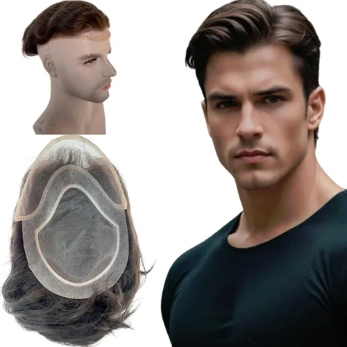 Miniatura 13 de Voloria Tupé de cabello humano virgen europeo para hombres con encaje suizo transparente de 10 x 8 pulgadas, extensiones rectas para hombres #6
