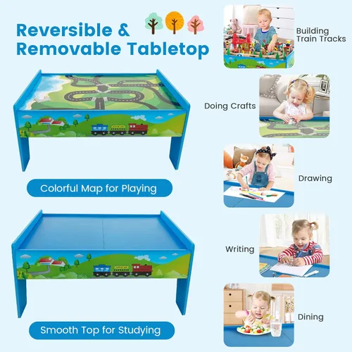 Miniatura 2 de Costzon Mesa de tren, 80 piezas, mesa de actividades de madera para niños con mesa reversible y desmontable, pistas de madera maciza, tren
