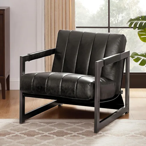 Miniatura 24 de Art Leon Silla de acento moderna de mediados de siglo, de piel sintética, con patas de metal negro, silla lateral única de salón para sala de estar