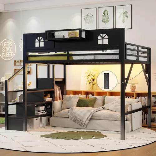 Miniatura 23 de Base de cama Queen Loft con escaleras y almacenamiento, marco de cama de metal resistente, capacidad de 800 libras, para adultos y adolescentes