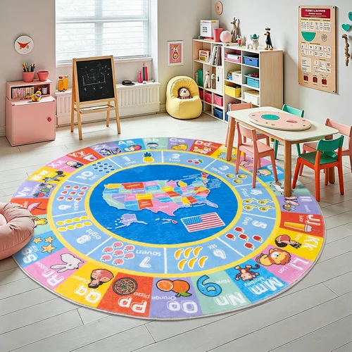 Miniatura 4 de Alfombras infantiles para sala de juegos, suave y antideslizante, alfombra educativa redonda de 4 x 4 pies para aprender alfabetos ABC, números