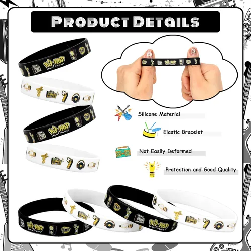 Miniatura 3 de Serencatcher 24 pulseras de silicona de hip hop, notorias pulseras de recuerdo de fiesta, color negro y dorado para los años 80, 90, hip hop, rock
