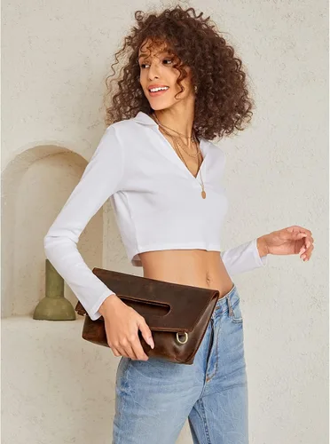 Miniatura 2 de S-ZONE Women Vintage Genuine Leather Crossbody Bag Distressed Foldable Clutch Top Handle Handbag Purse