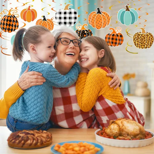 Miniatura 7 de AnyDesign Kit de decoración de remolinos colgantes de calabaza, 36 piezas, serpentinas colgantes de otoño con adornos de cartón recortado
