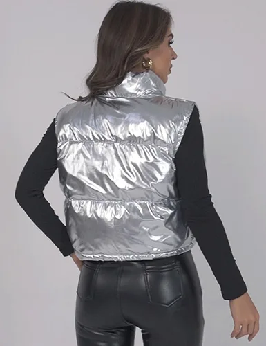 Miniatura 4 de Flygo Chaleco corto de invierno para mujer, chaleco acolchado metálico, sin mangas, chaqueta acolchada