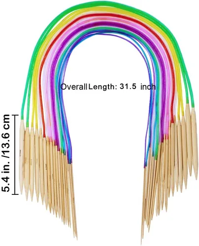 Miniatura 2 de EXQUISS Juego de agujas de tejer de bambú, 18 pares de agujas circulares de madera con tubo de plástico colorido, herramientas de tejido incluidas