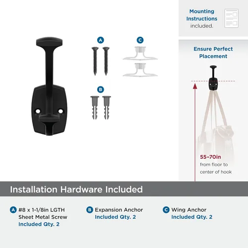 Miniatura 5 de Amerock H37001MB Gancho decorativo de pared de doble punta Vicinity 4-9/16 pulgadas (4.567 in) de longitud Gancho negro mate para abrigos