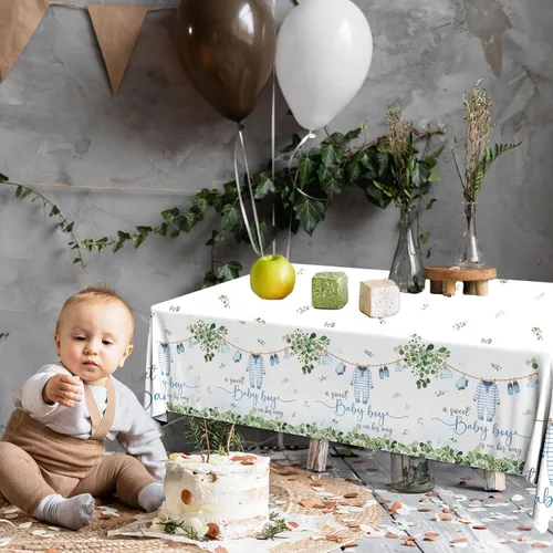 Miniatura 3 de Paquete de 3 manteles decorativos para baby shower, acuarela Greenery A Sweet Baby Boy Is On The Way Baby Shower, mantel impermeable para baby