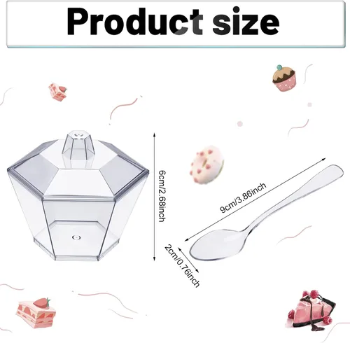 Miniatura 2 de Honeydak 300 tazas hexagonales de postre de 3.2 onzas con tapas y cucharas, sirve 100 vasos hexagonales de plástico con tapas para degustar