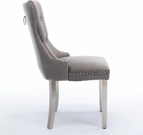 Miniatura 9 de Juego de 2 sillas de comedor de terciopelo, sillas decorativas tapizadas con patas de metal plateado, ribete de cabeza de clavo, tirador de anillo