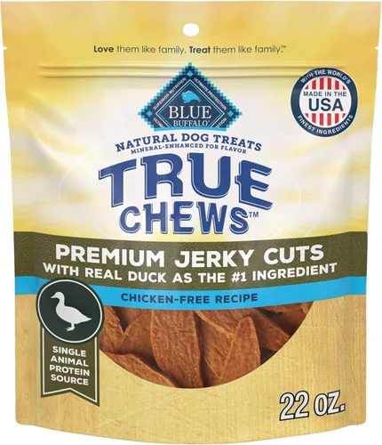 Blue Buffalo True Chews Premium Jerky Cuts - Golosinas para perros, fabricadas en los Estados Unidos con ingredientes naturales, pollo y pato, bolsa