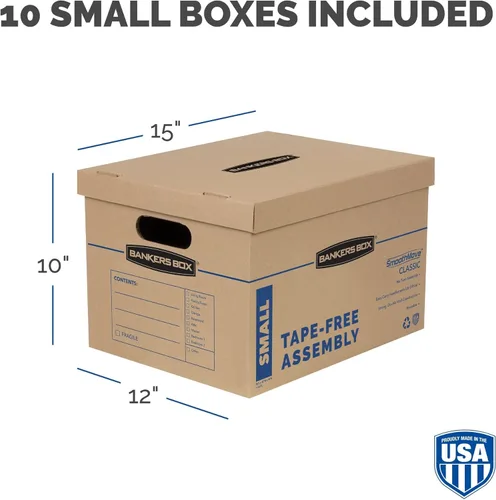 Miniatura 3 de Bankers Box Caja de mudanza clásica pequeña, paquete de 10 unidades, asas reforzadas, montaje sin cinta, caja de corrugado con tapa, 15 x 12 x 10