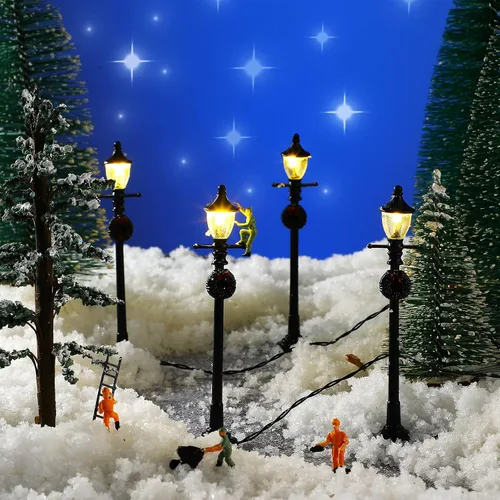 Miniatura 5 de Accesorios de pueblo para lámpara de Navidad en miniatura, poste de lámpara de pueblo, lámpara de hadas del pueblo, farol de tren, lámparas de calle