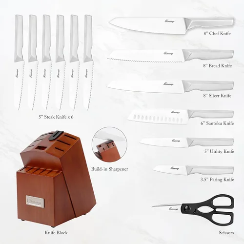 Miniatura 2 de Juego de cuchillos de acero inoxidable japonés con afilador integrado, cuchillos afilados con mango ergonómico antideslizante, apto
