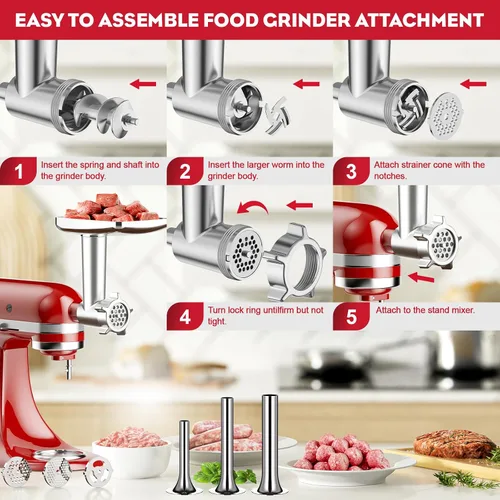 Miniatura 5 de Accesorio para picadora de carne para batidora de pie KitchenAid, picadora de carne para KitchenAid, incluye 3 accesorios para embutir salchichas