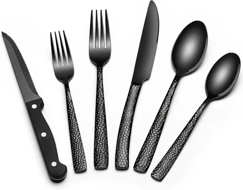 Miniatura 14 de EWFEN Juego de cubiertos negros de 24 piezas con cuchillos para carne, juego de cubiertos negros para 4, juego de cubiertos de acero inoxidable