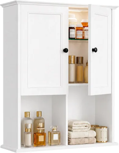 Miniatura 12 de HAIOOU Armario de pared de baño con luz LED con sensor de movimiento, armario de madera para medicamentos, armario de almacenamiento sobre inodoro