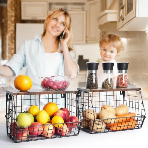 Miniatura 6 de Mefirt Frutero, cesta de frutas apilable montada en la pared con tapa de madera lisa con 4 ganchos para colgar plátanos, organizador de encimera