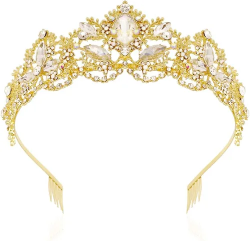 NODG Tiaras doradas para mujeres y niñas, tiara con peine de cristal barroco, nupcial reina princesa en boda, cumpleaños, concurso de belleza