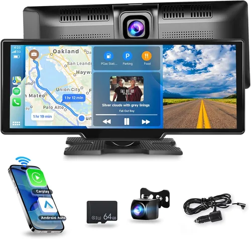 [Cámara frontal de 2.5K+tarjeta TF 64G] Carplay inalámbrico/Android Auto Radio portátil para coche con pantalla táctil HD de 9.3 pulgadas, cámara de
