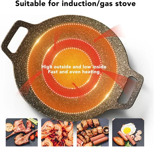 Miniatura 6 de Sartén coreana, sartén redonda antiadherente para barbacoa con asas dobles, conductividad térmica rápida, soporte estable, adecuada para estufa