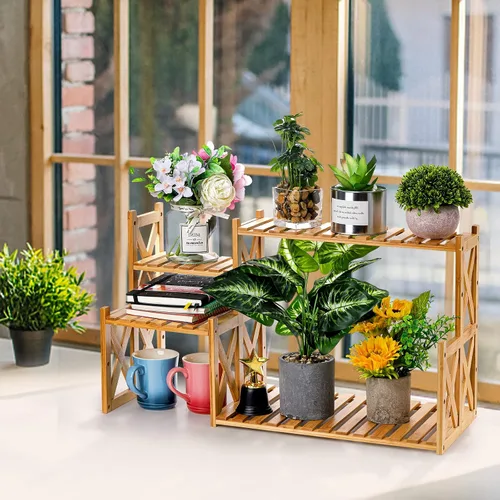 Miniatura 6 de Lawei Soporte de bambú de 2 niveles para plantas de mesa, soporte ajustable para macetas, soporte de exhibición para macetas, estante pequeño