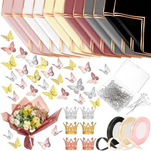 Qilery 243 piezas de papel de regalo para ramo de flores, impermeable, suministros de floristería con decoración de mariposas, coronas, cintas,