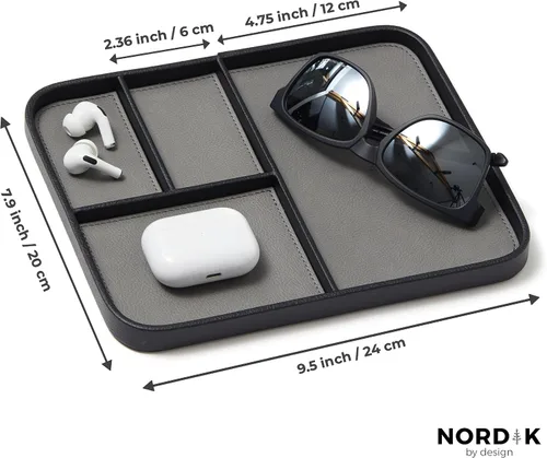 Miniatura 6 de Nordik - Bandeja de valet de cuero, color negro guijarro, bandeja de mesita de noche elegante y organizada de cuero vegano de primera calidad