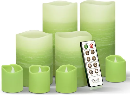 FURORA LIGHTING Velas sin llama verde ombré, cera real, brillo ajustable, control remoto y temporizador, 4 pilares (3 x 4, 3 x 6) y 4 votivos,