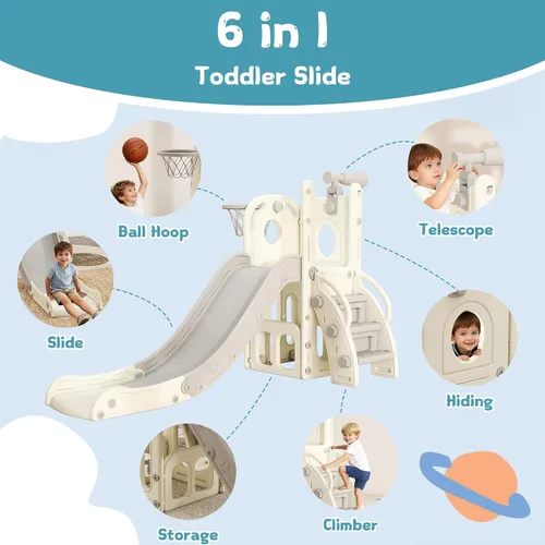 Miniatura 3 de Tobogán 6 en 1 para niños de 1 a 3 años, para interiores y exteriores, con aro de baloncesto, almacenamiento, escalador y telescopio, gran regalo