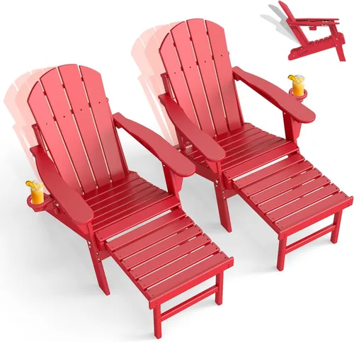 Miniatura 10 de GREENVINES Silla Adirondack ajustable con otomana retráctil, juego de 2 Plegable Plástico de polietileno de alta densidad Sillas para hoguera
