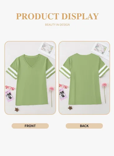 Miniatura 20 de Eytino Blusas de talla grande para mujer, cuello en V, manga corta, a rayas, casual, holgada, con bolsillo (1X-5X)