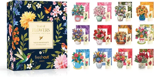 Freshcut Paper Tarjetas desplegables, juego de 12 mini ramos de flores con tarjeta a juego, tarjetas de felicitación de flores emergentes 3D de 6