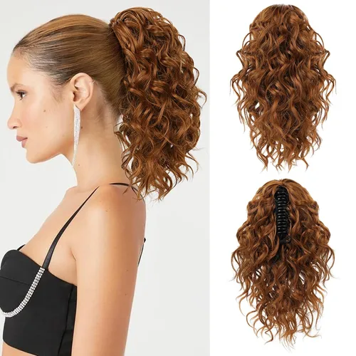 Miniatura 22 de Flufymooz Extensión de cola de caballo, extensión de cola de caballo corta de 12 pulgadas con pinza de garra, cabello ondulado rizado, clip