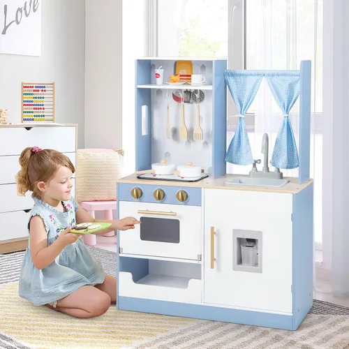 Miniatura 6 de INFANS Juego de cocina para niños, juego de cocina de madera con estufa, fregadero, microondas, armario de almacenamiento, juego de juguetes