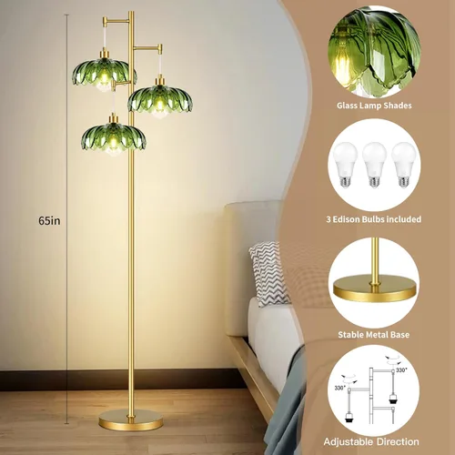 Miniatura 5 de Lámparas de pie doradas para sala de estar lámpara de pie vintage con forma de L de vidrio y tres bombillas led, lámpara de pie verde de latón