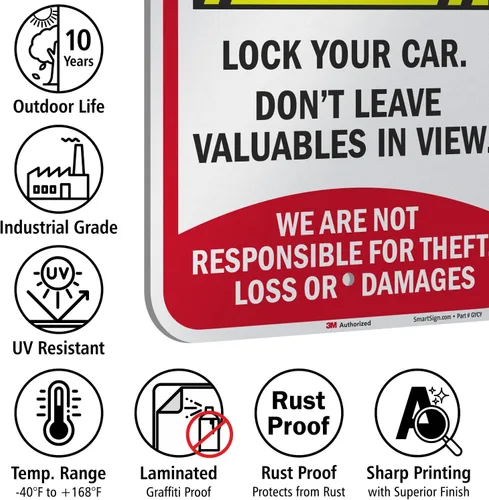 Miniatura 7 de SmartSign Letrero de metal con texto en inglés "Security Alert - Park At Your Own Risk, Lock Your Car, Not Responsible", aluminio de 63 mil, Letrero