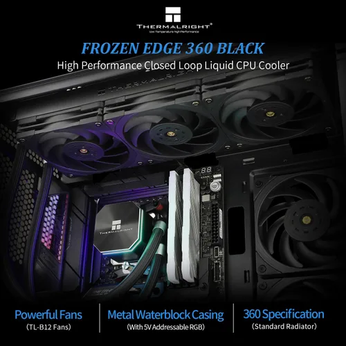 Miniatura 2 de Thermalright Frozen Edge 360 - Enfriador de agua negro para CPU con ventiladores PWM, la velocidad de la bomba es de 2800 RPM, rodamiento S-FDB