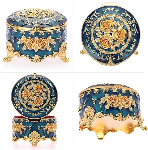 Miniatura 3 de Hipiwe Joyero de metal antiguo para anillos, aretes, caja de tesoros, caja pequeña de baratija, caja redonda de exhibición de joyas, organizador