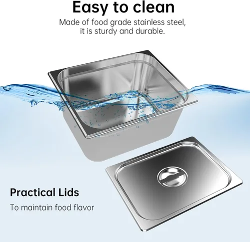 Miniatura 5 de Valgus Bain Marie Buffet de acero inoxidable de grado comercial, 2 secciones, 19 cuartos de galón, calentador de alimentos, mesa de vapor con tapa